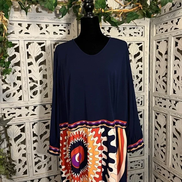 DONNA MORGAN NICE NAVY BLUE WITH GROOVY MULTICOLORS LONG SLEEVE MAXI DRESS - Picture 2 of 11